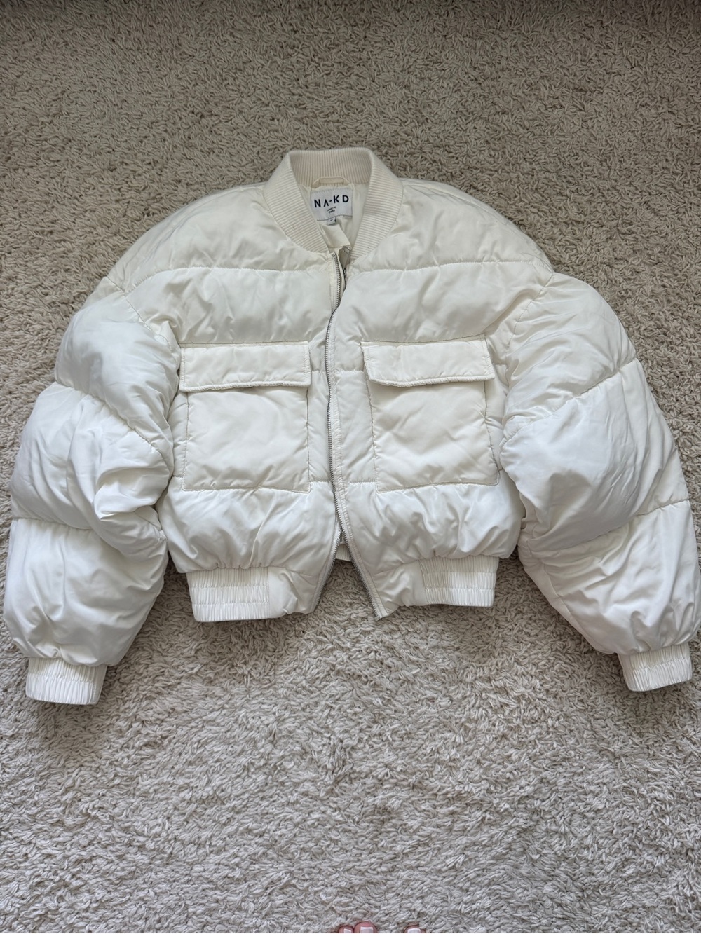 NA-KD White Cropped Puffer Bomber Jacket
